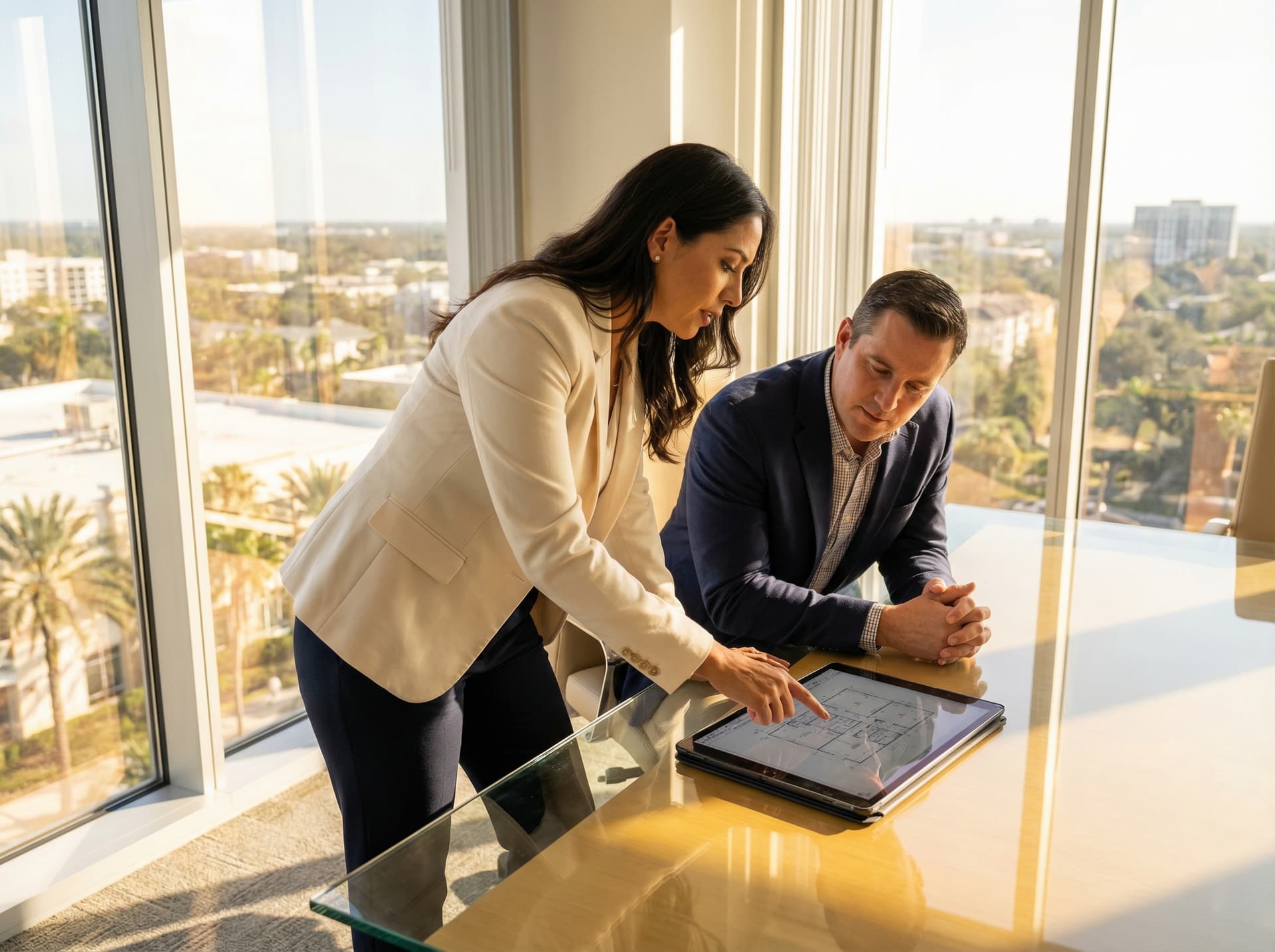 Real estate strategist reviewing plans with a developer client in a sunlit Orlando office